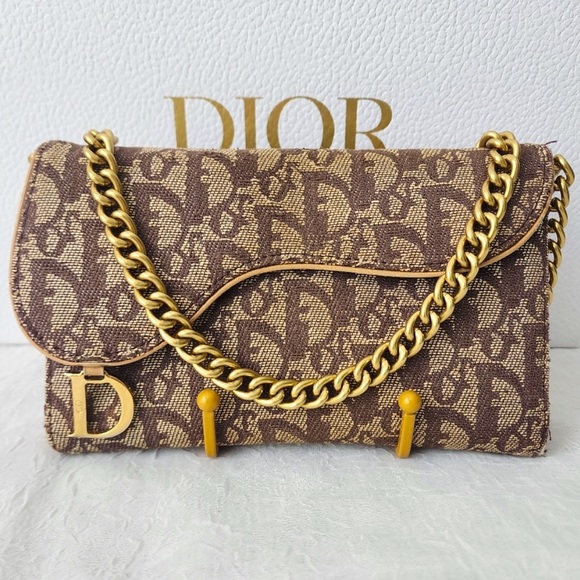 Authentic Dior 30 Montaigne Brown Trotter Saddle Cloth Trifold Long Wallet - Picture 1 of 12